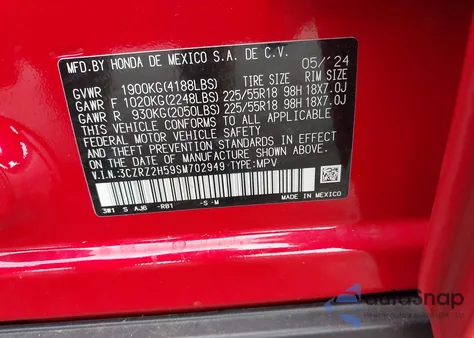 2025 Honda Hr-V Awd Sport from USA, damaged, VIN 3CZRZ2H59SM702949